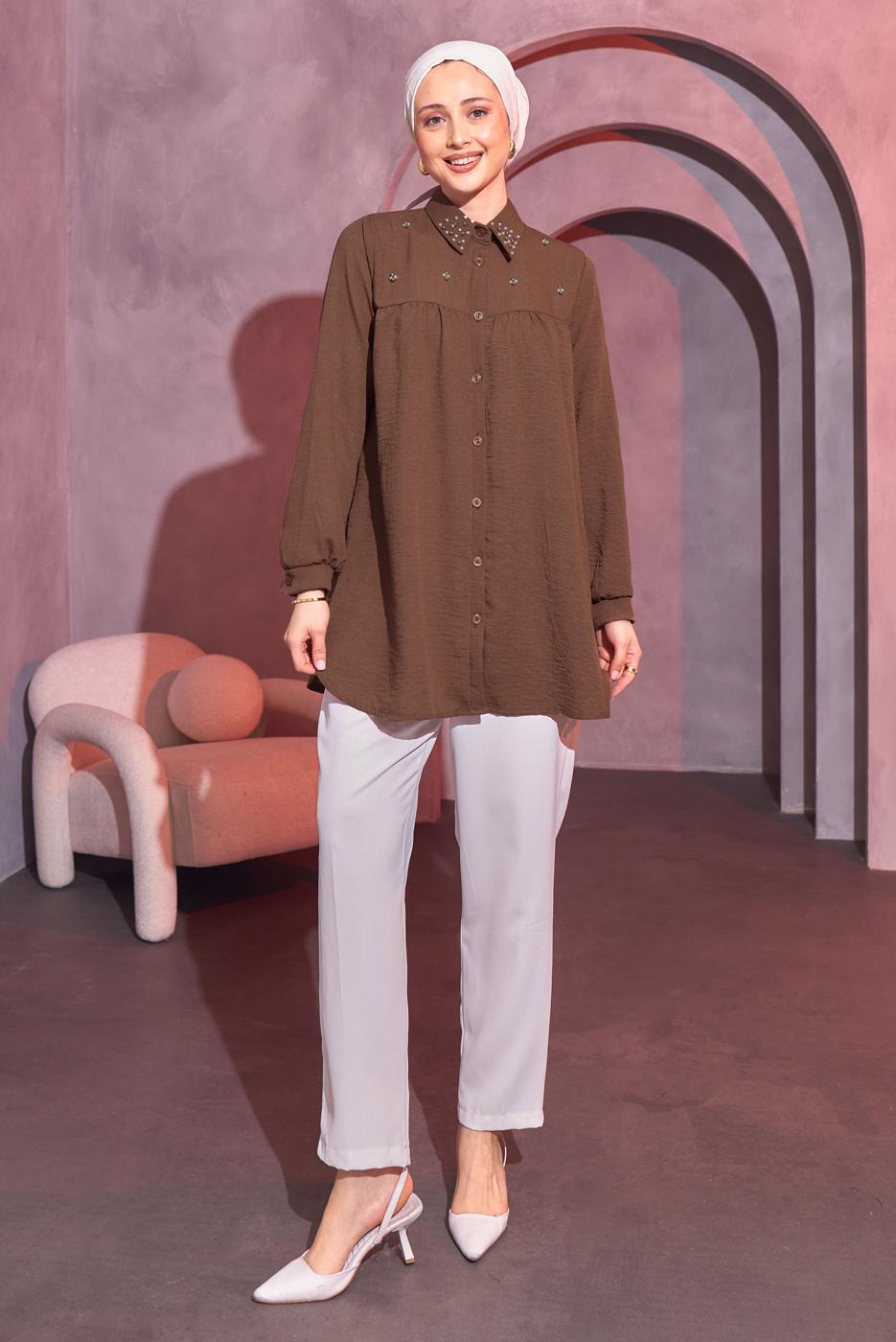 Vêtements hijab BRUN TUNIQUE CHEMISE PERLÉE T 3314