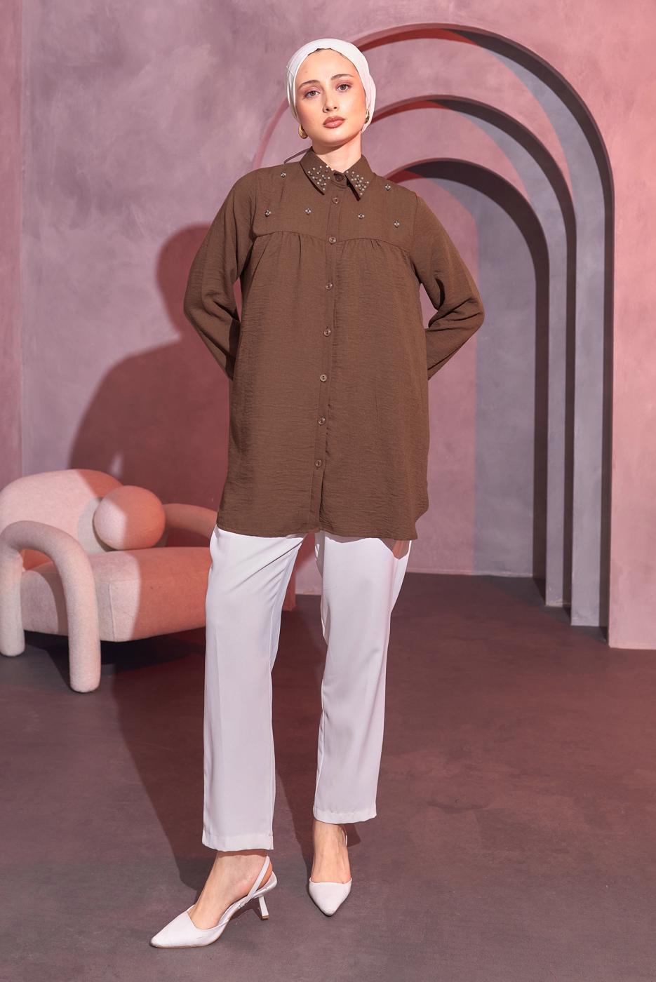 Vêtements hijab BRUN TUNIQUE CHEMISE PERLÉE T 3314