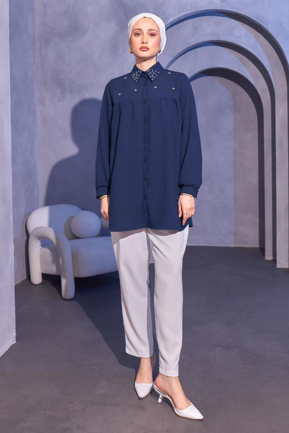 Vêtements hijab BLEU MARINE TUNIQUE CHEMISE PERLÉE T 3314