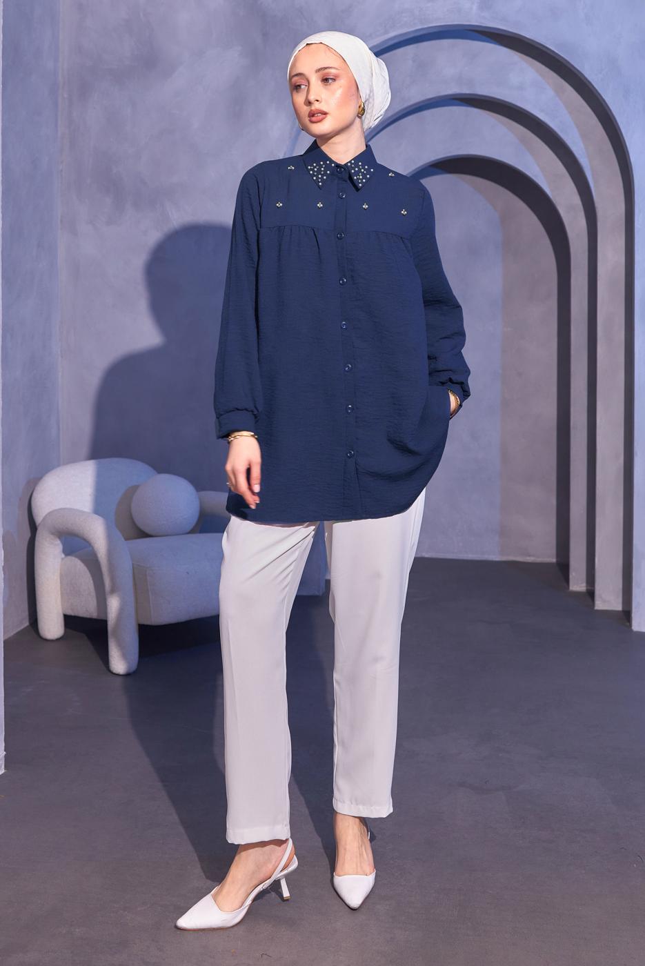 Vêtements hijab BLEU MARINE TUNIQUE CHEMISE PERLÉE T 3314