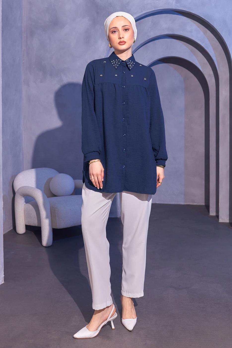 Vêtements hijab BLEU MARINE TUNIQUE CHEMISE PERLÉE T 3314