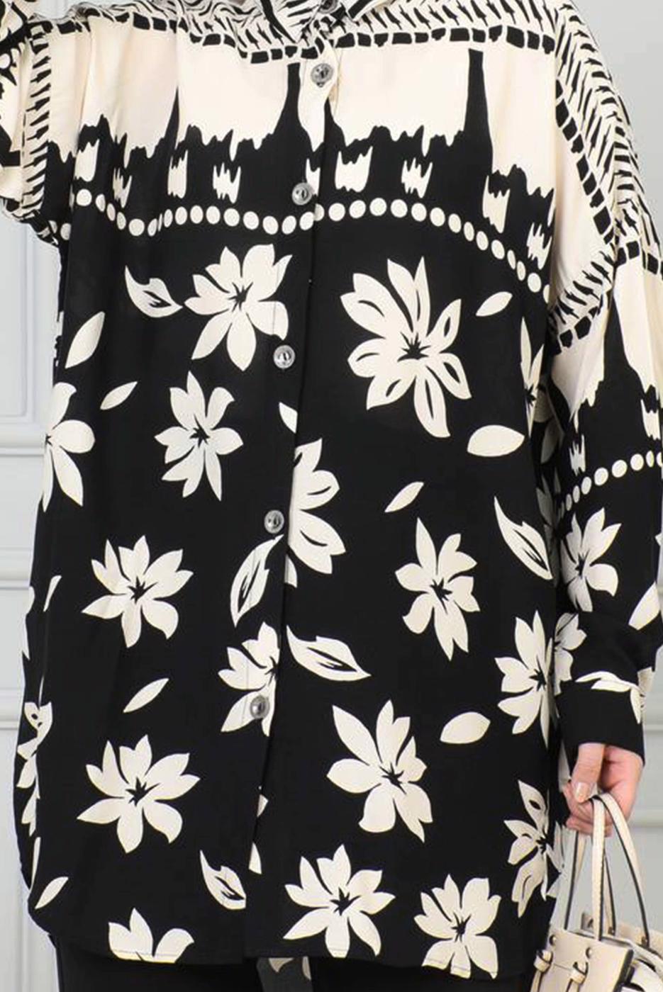 Tesettür giyim SİYAH DESENLİ PAMUKLU GÖMLEK TUNİK T 3347