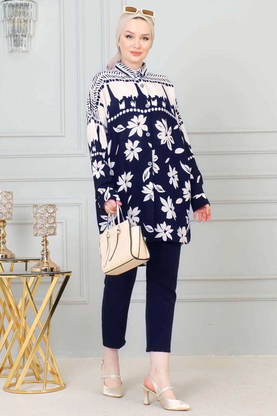 Tesettür giyim LACİVERT DESENLİ PAMUKLU GÖMLEK TUNİK T 3347