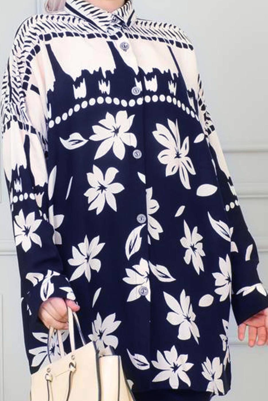 Tesettür giyim LACİVERT DESENLİ PAMUKLU GÖMLEK TUNİK T 3347