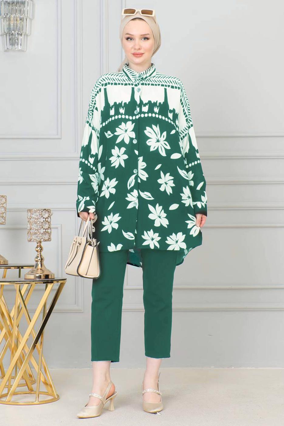 Tesettür giyim MAVİ DESENLİ PAMUKLU GÖMLEK TUNİK T 3347