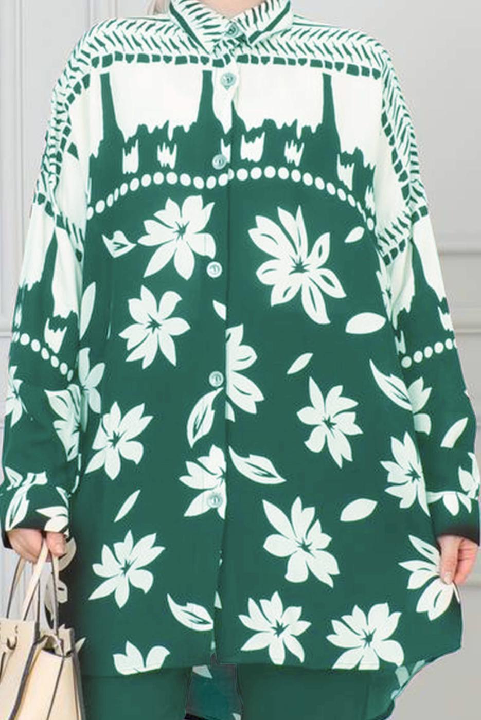 Tesettür giyim MAVİ DESENLİ PAMUKLU GÖMLEK TUNİK T 3347