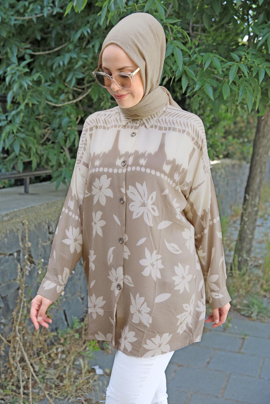 Tesettür giyim VİZON DESENLİ PAMUKLU GÖMLEK TUNİK T 3347