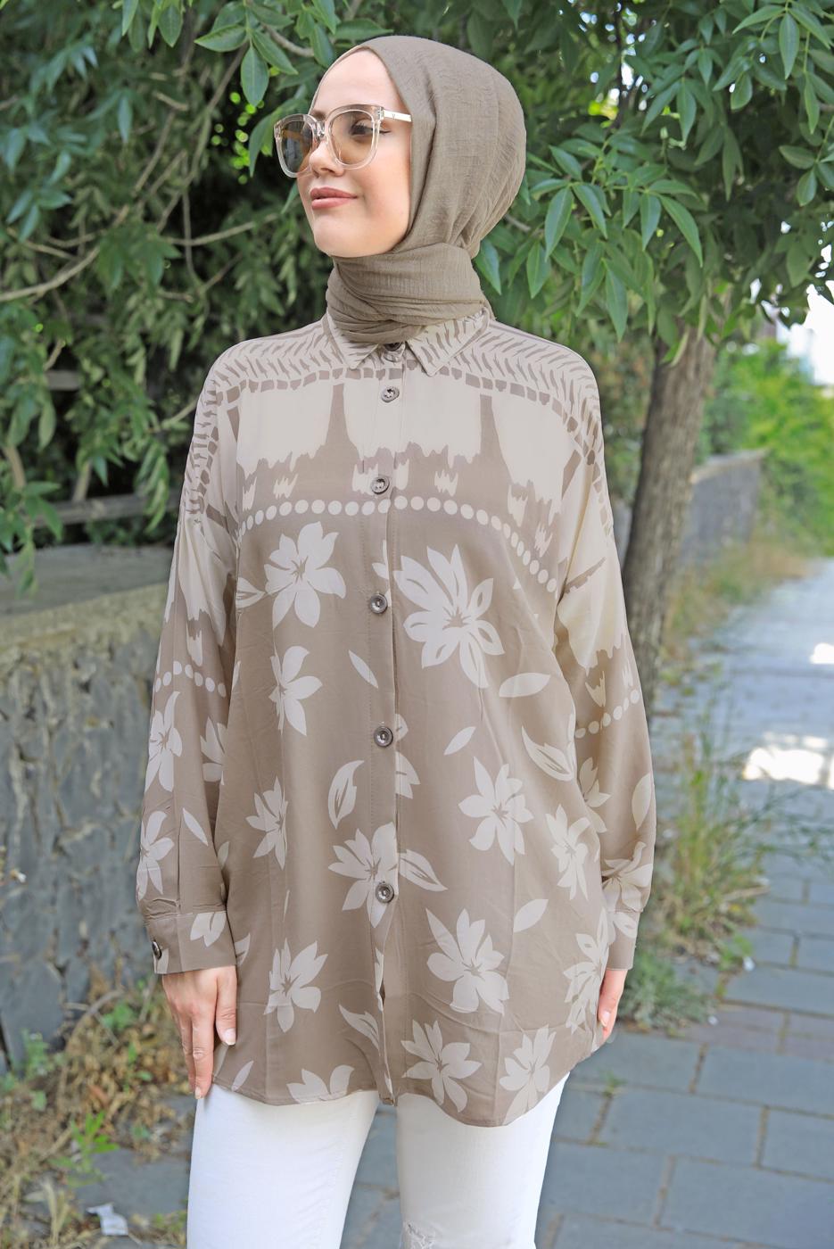 Tesettür giyim VİZON DESENLİ PAMUKLU GÖMLEK TUNİK T 3347