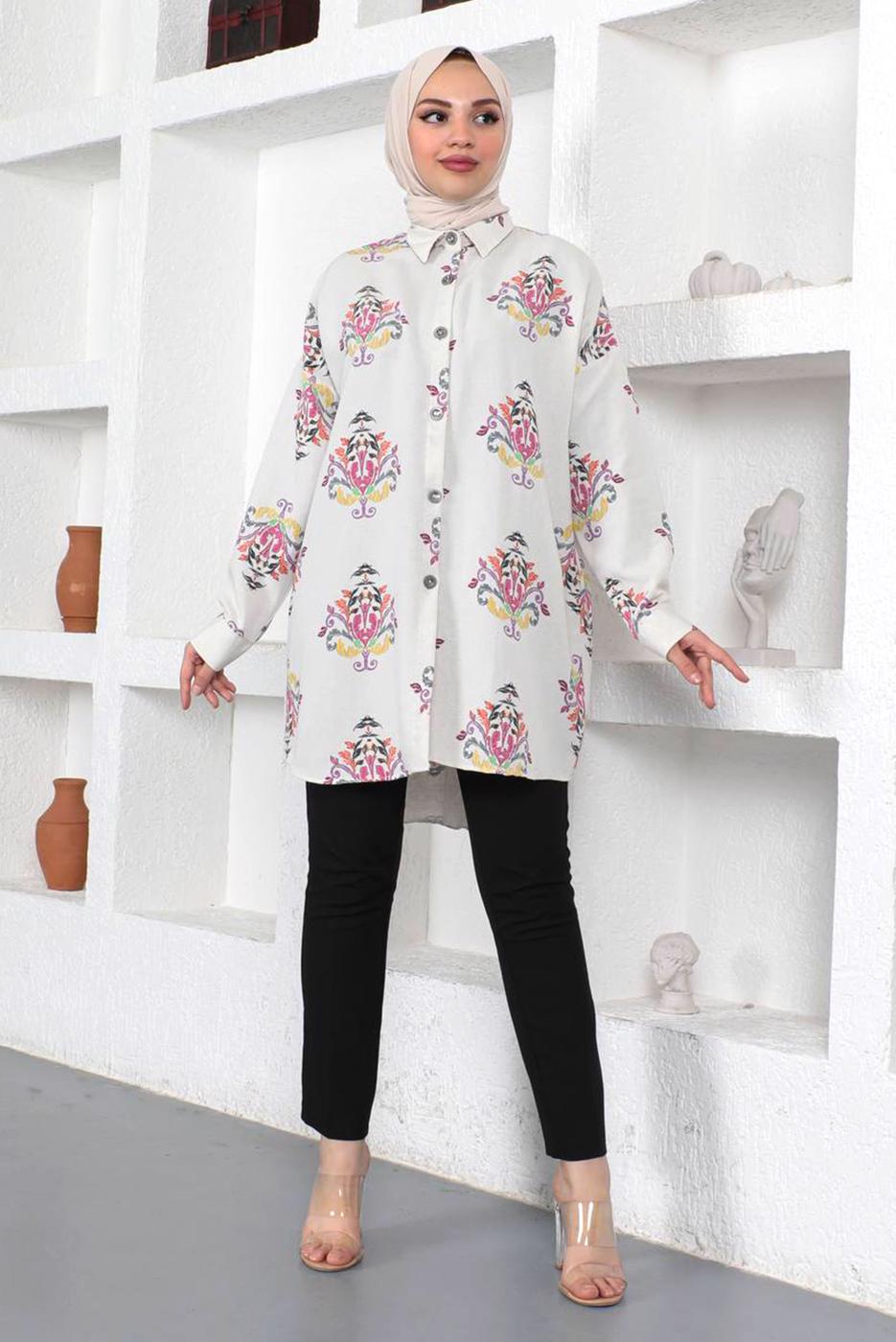 Tesettür giyim BEJ DESENLİ PAMUKLU GÖMLEK TUNİK T 3521