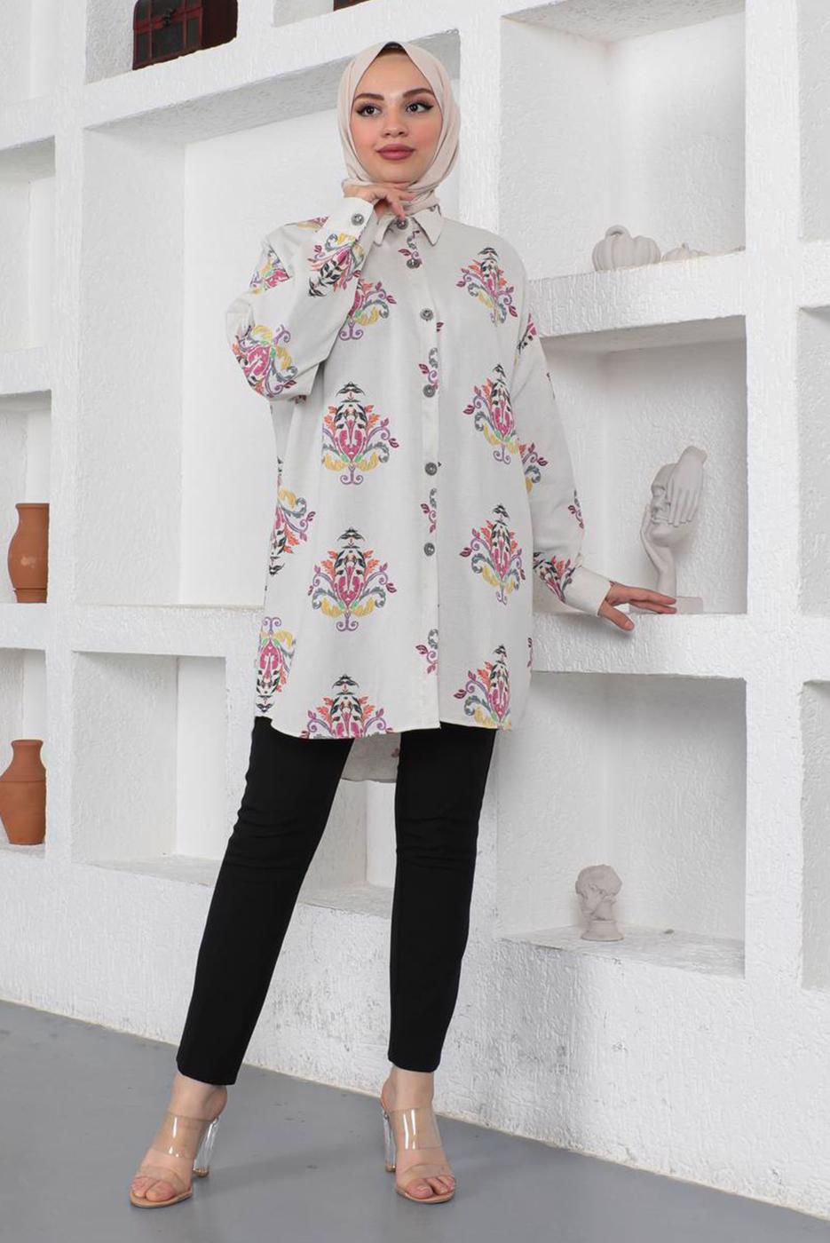 Tesettür giyim BEJ DESENLİ PAMUKLU GÖMLEK TUNİK T 3521