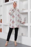 Tesettür giyim BEJ DESENLİ PAMUKLU GÖMLEK TUNİK T 3521