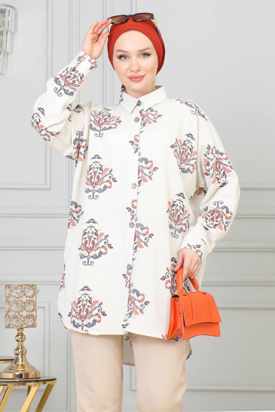 Tesettür giyim BEJ DESENLİ PAMUKLU GÖMLEK TUNİK T 3521