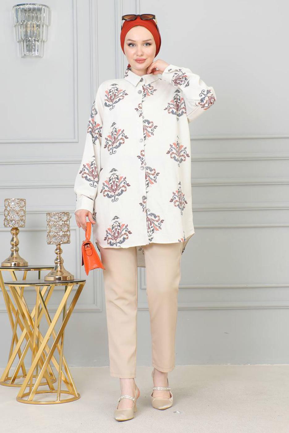 Tesettür giyim BEJ DESENLİ PAMUKLU GÖMLEK TUNİK T 3521