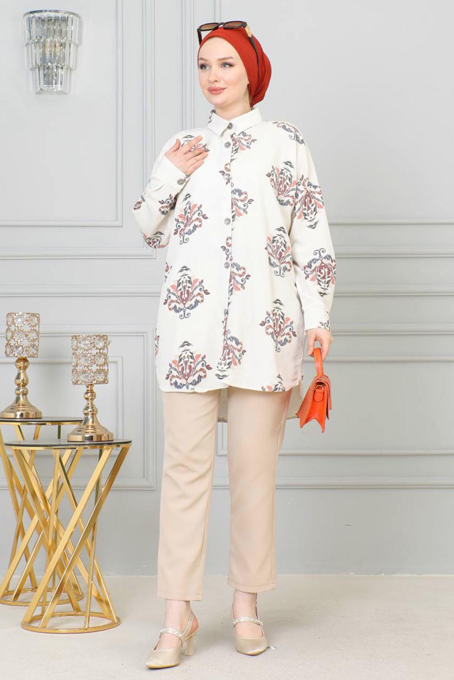 Tesettür giyim BEJ DESENLİ PAMUKLU GÖMLEK TUNİK T 3521