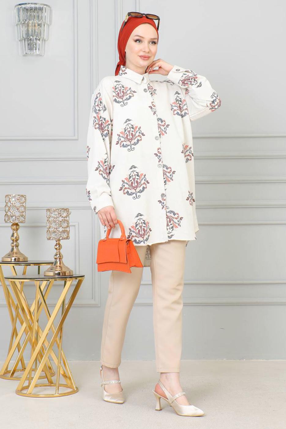 Tesettür giyim BEJ DESENLİ PAMUKLU GÖMLEK TUNİK T 3521