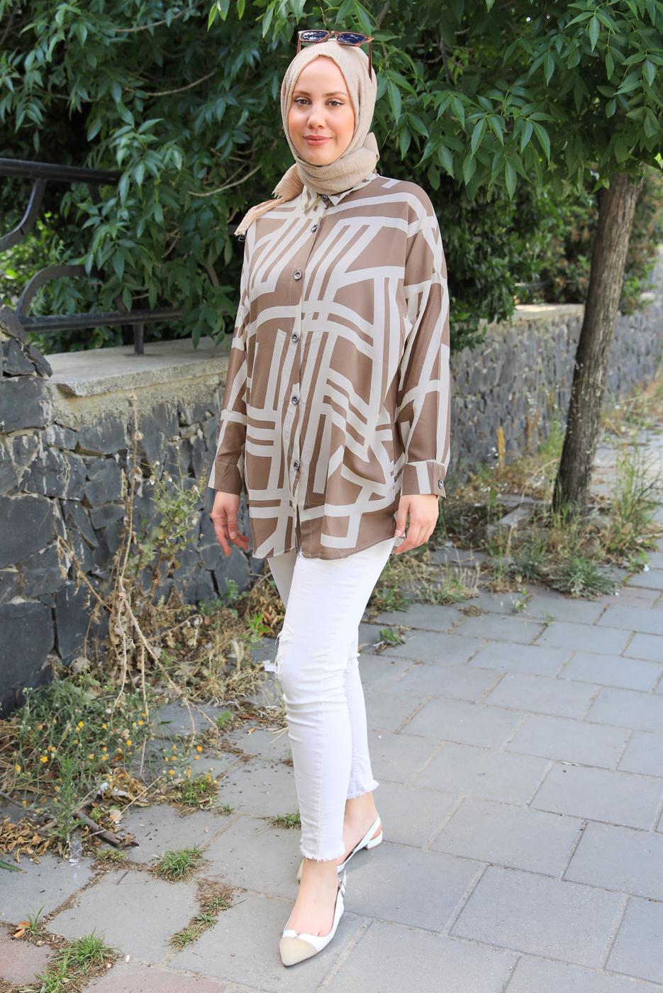 Tesettür giyim VİZON DESENLİ PAMUKLU TUNİK T 3538