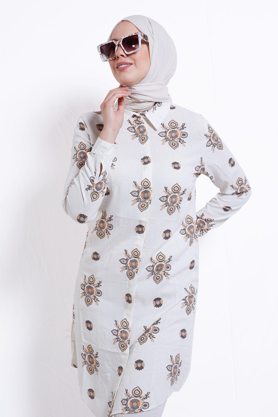 Tesettür giyim BEJ DESENLİ PAMUKLU TUNİK T 3545