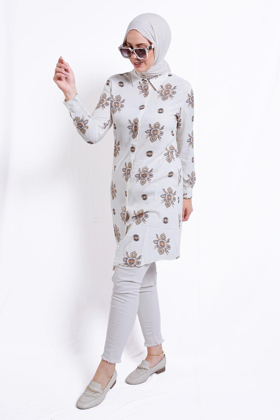 Tesettür giyim BEJ DESENLİ PAMUKLU TUNİK T 3545