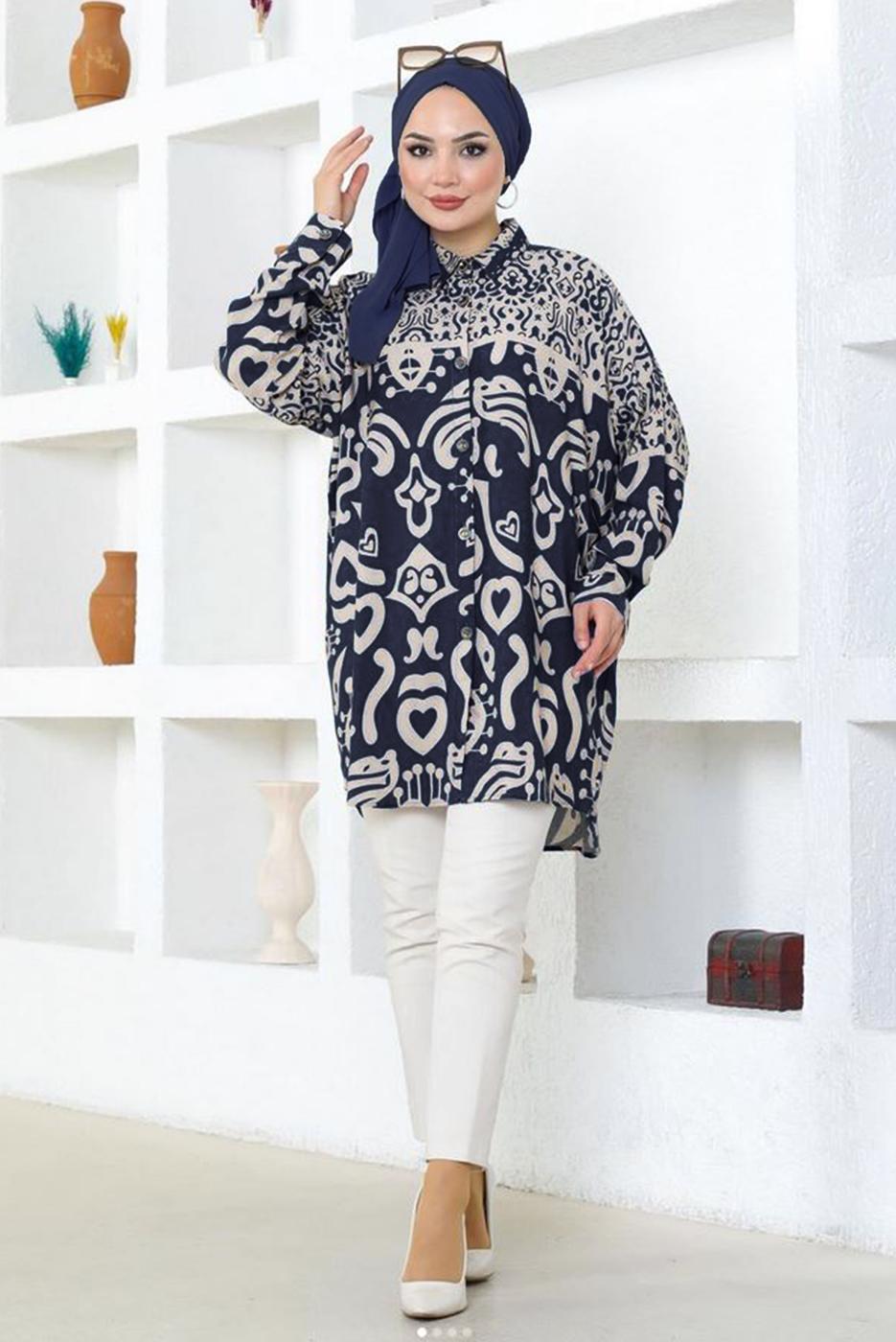 Tesettür giyim LACİVERT DESENLİ PAMUKLU TUNİK T 3548