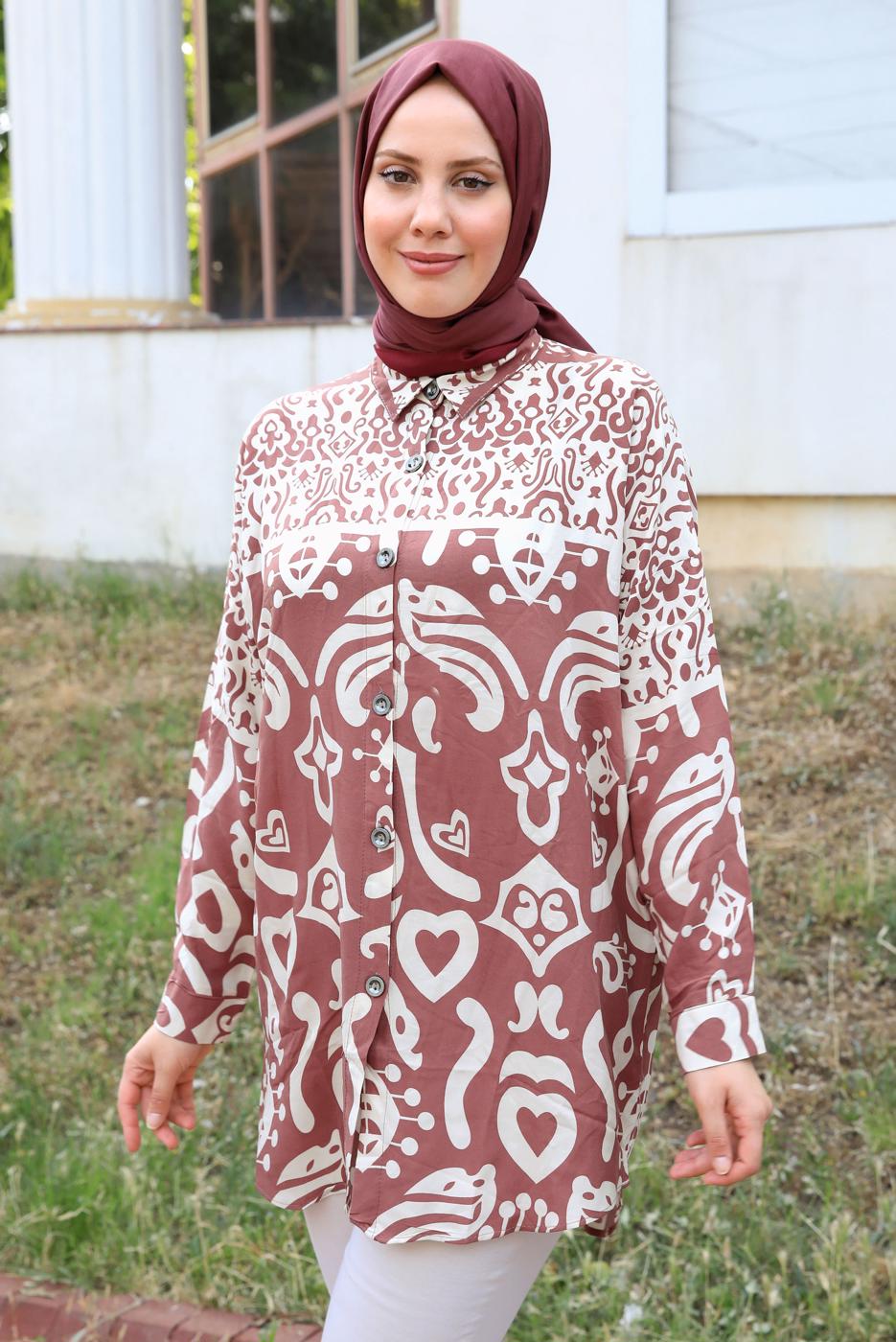 Tesettür giyim PUDRA DESENLİ PAMUKLU TUNİK T 3548