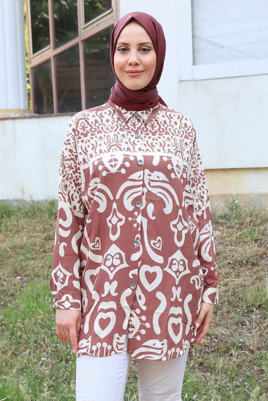 Tesettür giyim PUDRA DESENLİ PAMUKLU TUNİK T 3548
