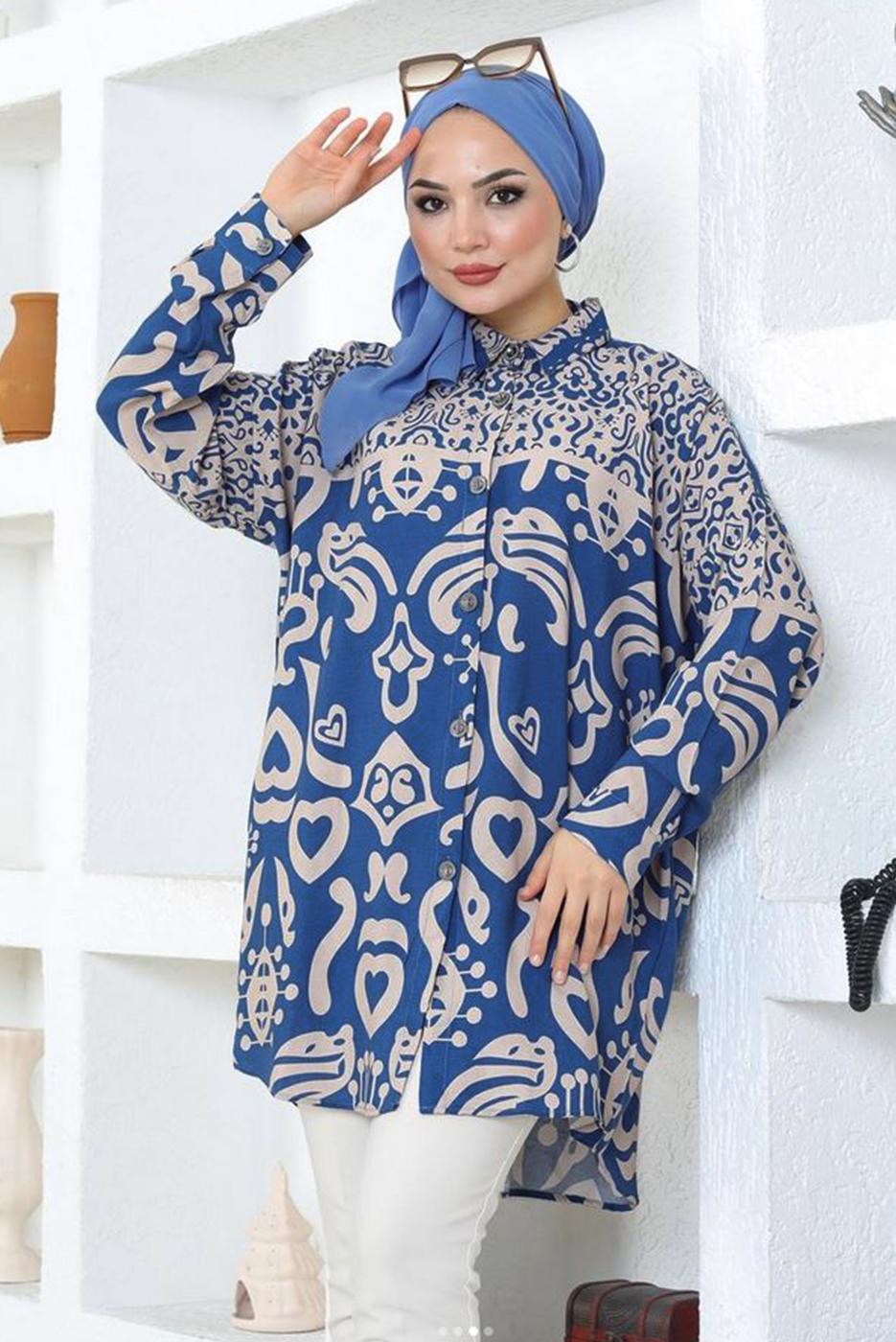Tesettür giyim LACİVERT DESENLİ PAMUKLU TUNİK T 3548