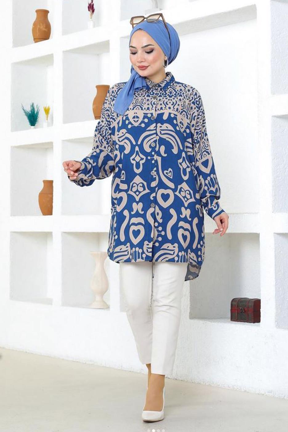 Tesettür giyim LACİVERT DESENLİ PAMUKLU TUNİK T 3548