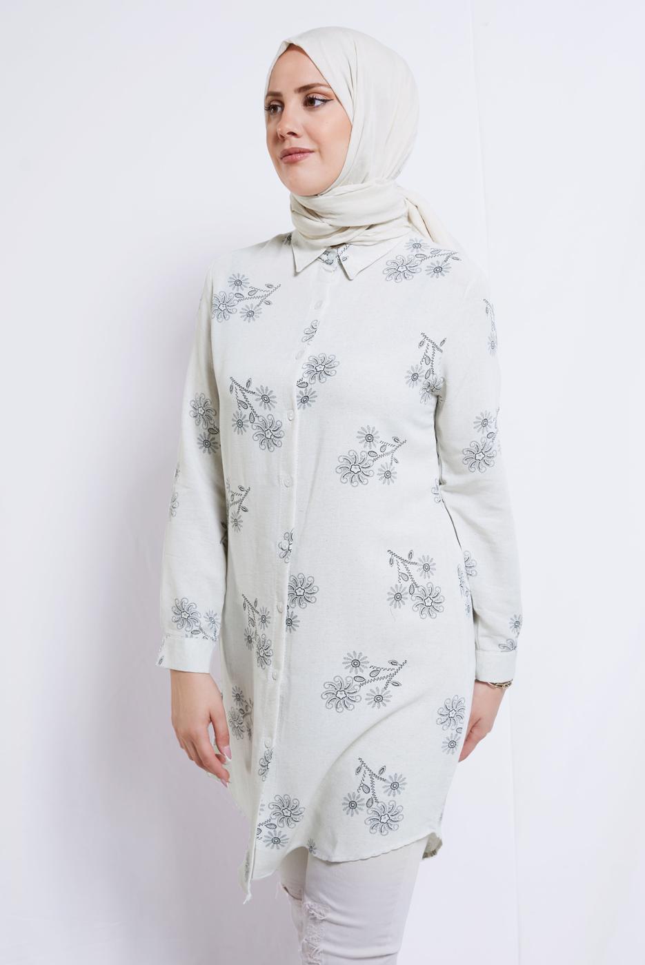 Tesettür giyim KREM ÇİÇEK DESENLİ PAMUKLU TUNİK T 3592