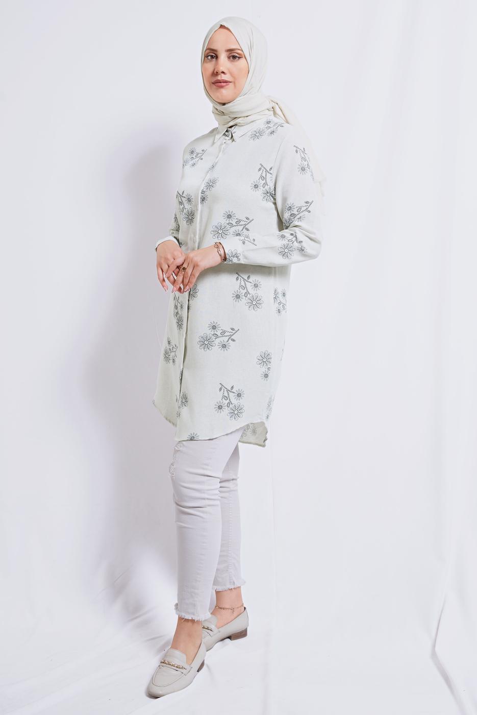 Tesettür giyim KREM ÇİÇEK DESENLİ PAMUKLU TUNİK T 3592