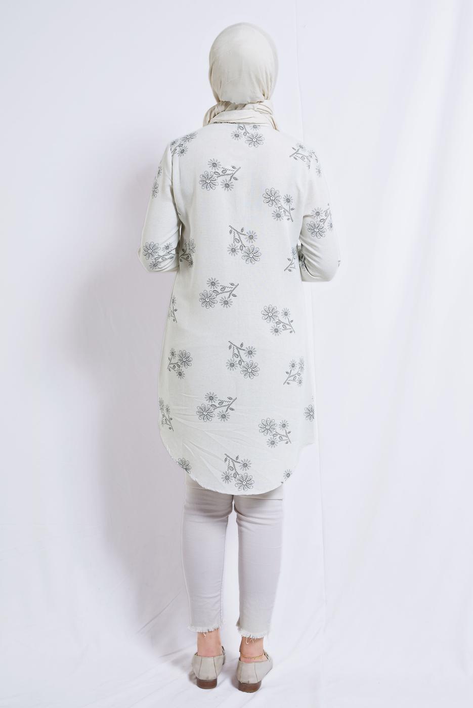 Tesettür giyim KREM ÇİÇEK DESENLİ PAMUKLU TUNİK T 3592