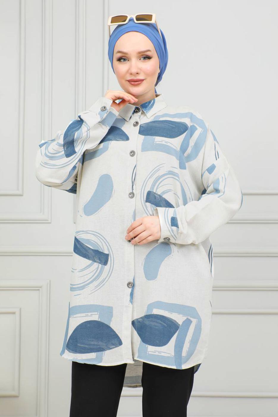 Tesettür giyim LACİVERT DESENLİ PAMUKLU TUNİK T 3598