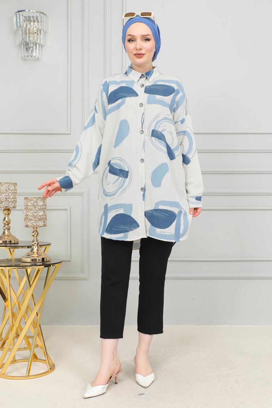 Tesettür giyim LACİVERT DESENLİ PAMUKLU TUNİK T 3598