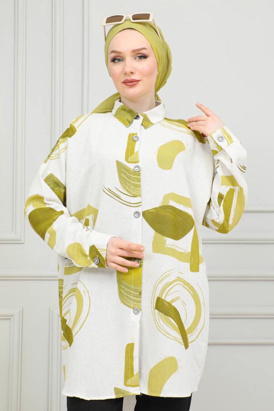 Vêtements hijab VERT TUNIQUE EN COTON À MOTIFS T 3598