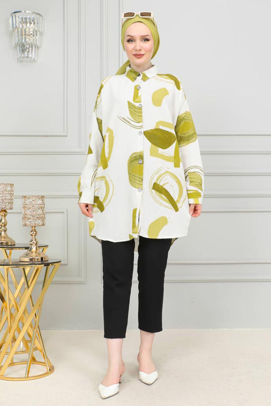 Vêtements hijab VERT TUNIQUE EN COTON À MOTIFS T 3598