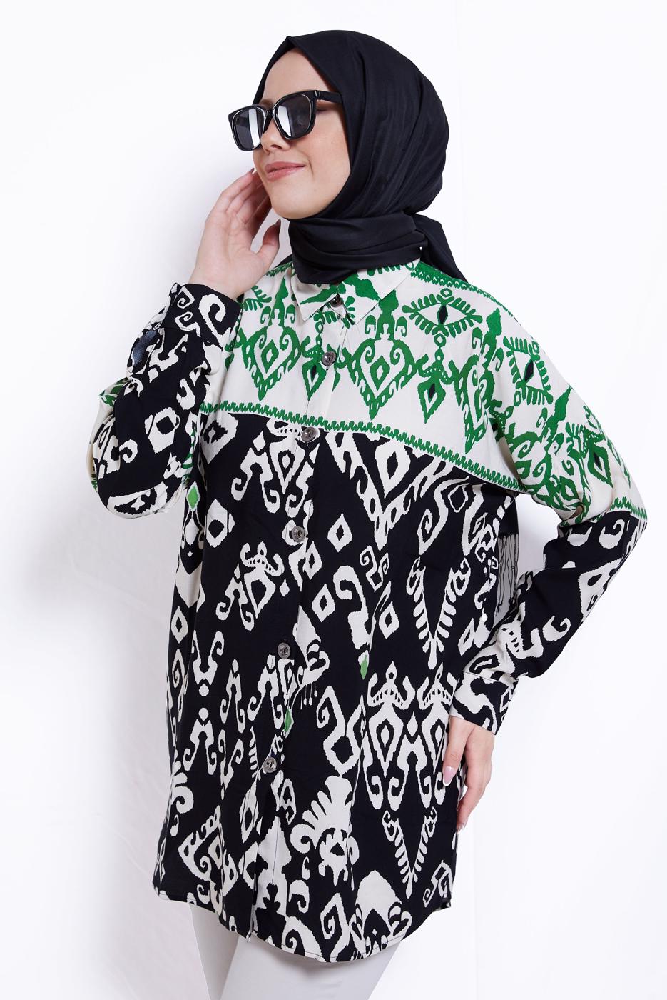 Vêtements hijab VERT TUNIQUE EN COTON À MOTIFS T 3599