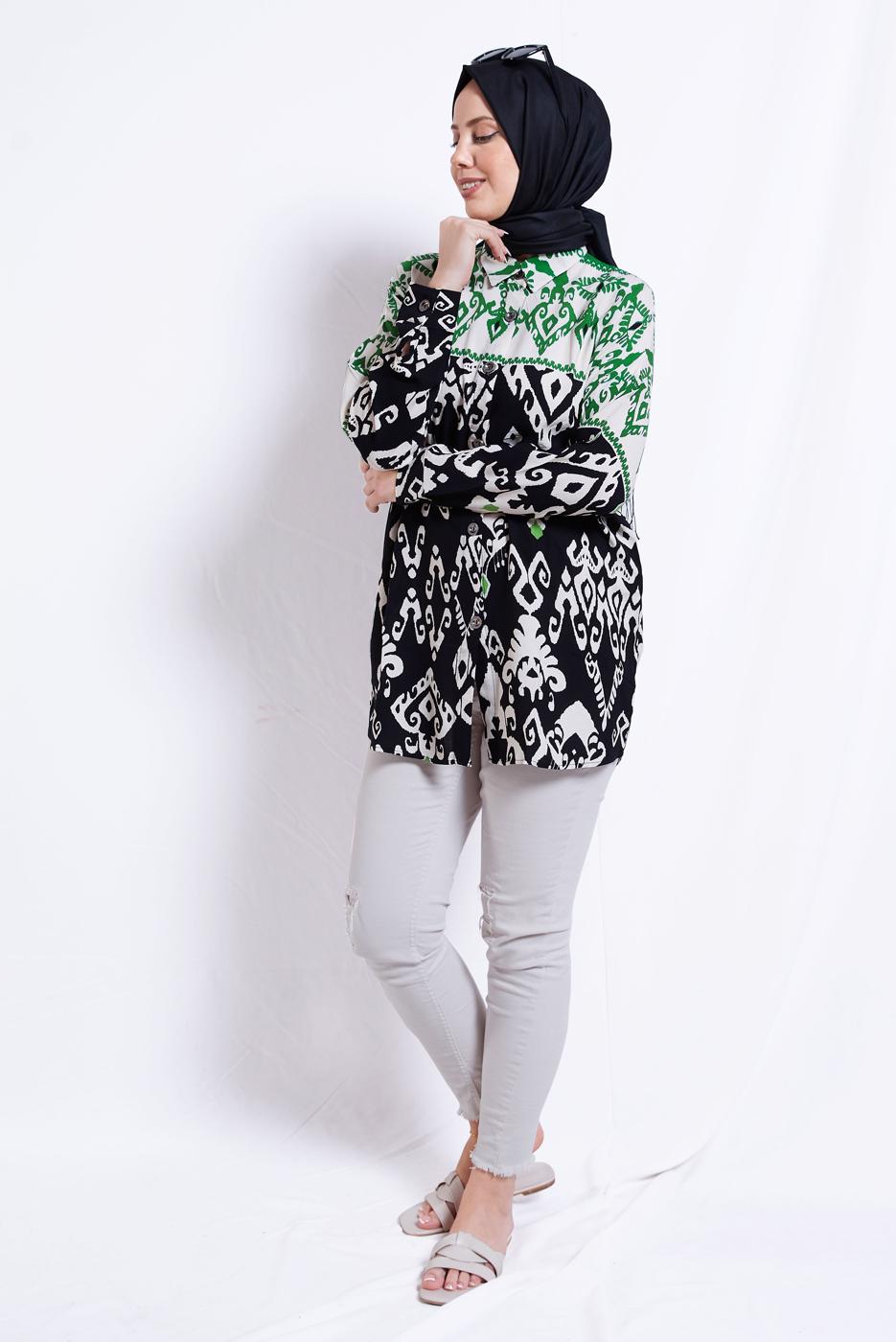 Vêtements hijab VERT TUNIQUE EN COTON À MOTIFS T 3599