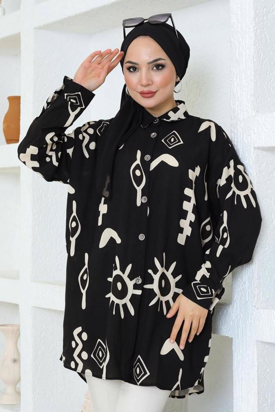 Tesettür giyim SİYAH DESENLİ PAMUKLU GÖMLEK TUNİK T 3600