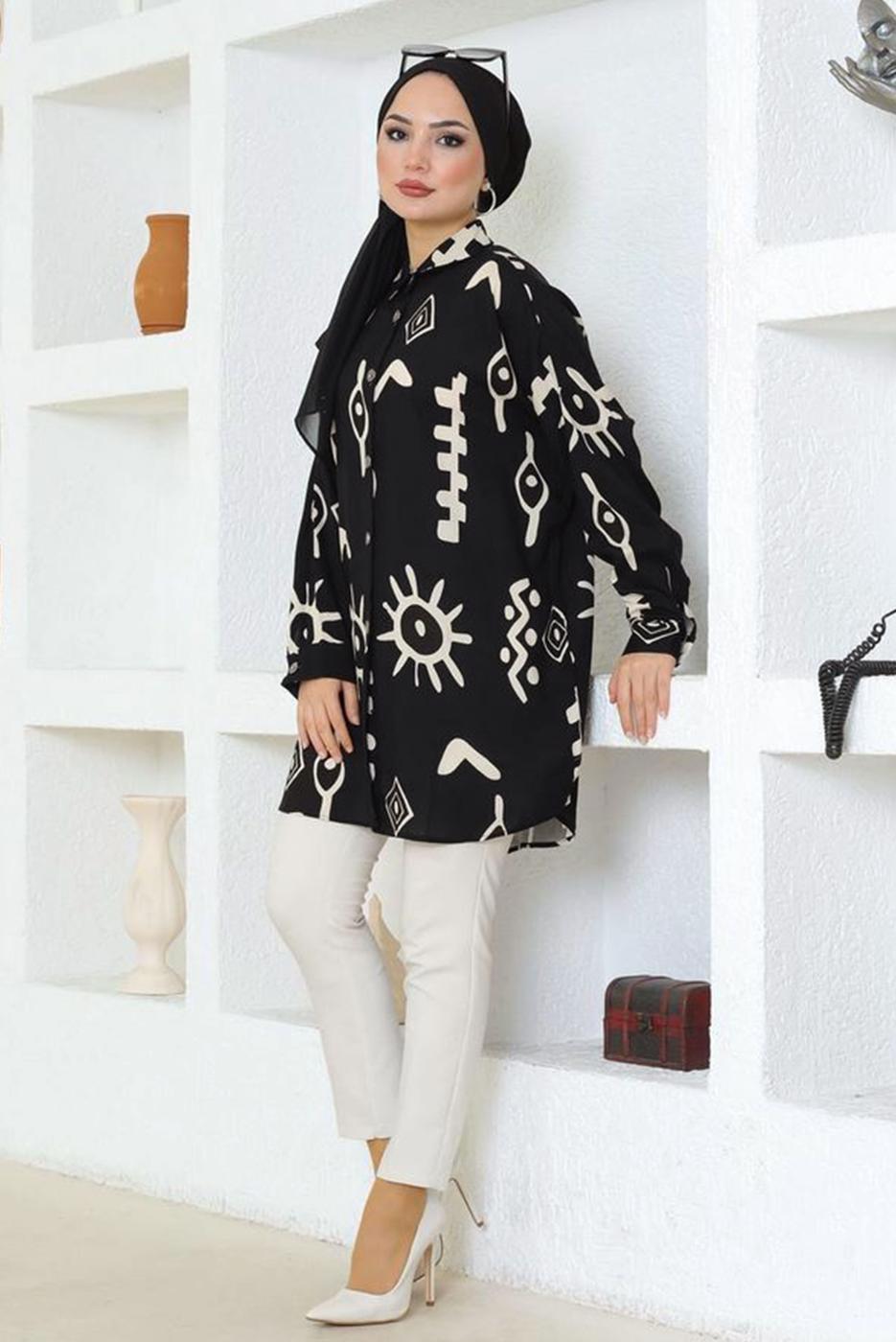 Tesettür giyim SİYAH DESENLİ PAMUKLU GÖMLEK TUNİK T 3600