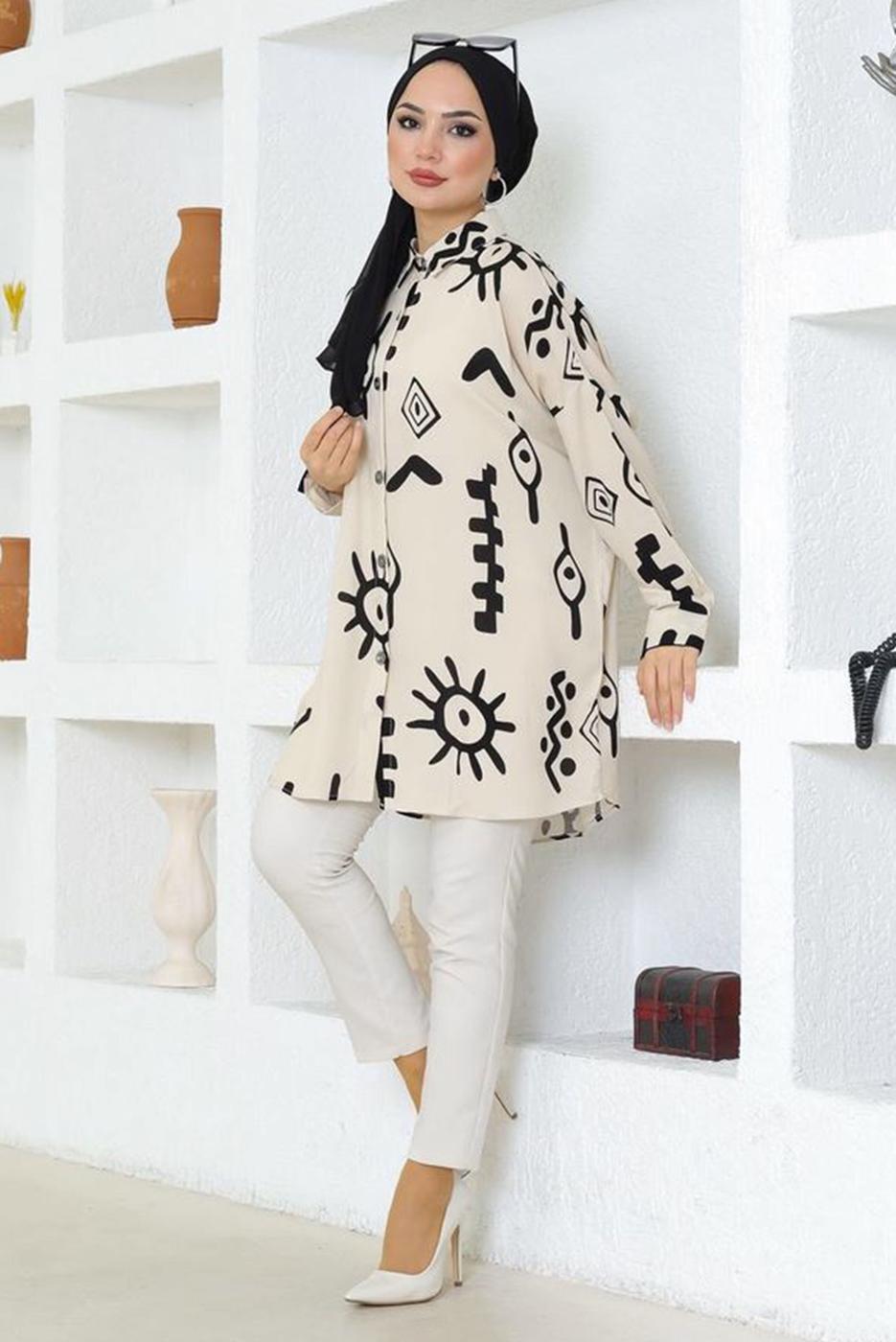 Tesettür giyim BEJ DESENLİ PAMUKLU GÖMLEK TUNİK T 3600