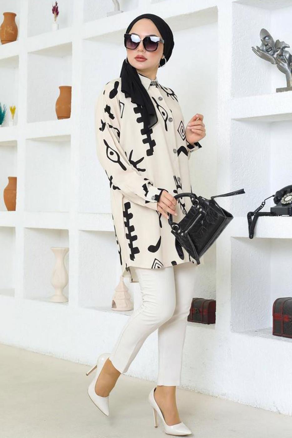 Tesettür giyim BEJ DESENLİ PAMUKLU GÖMLEK TUNİK T 3600