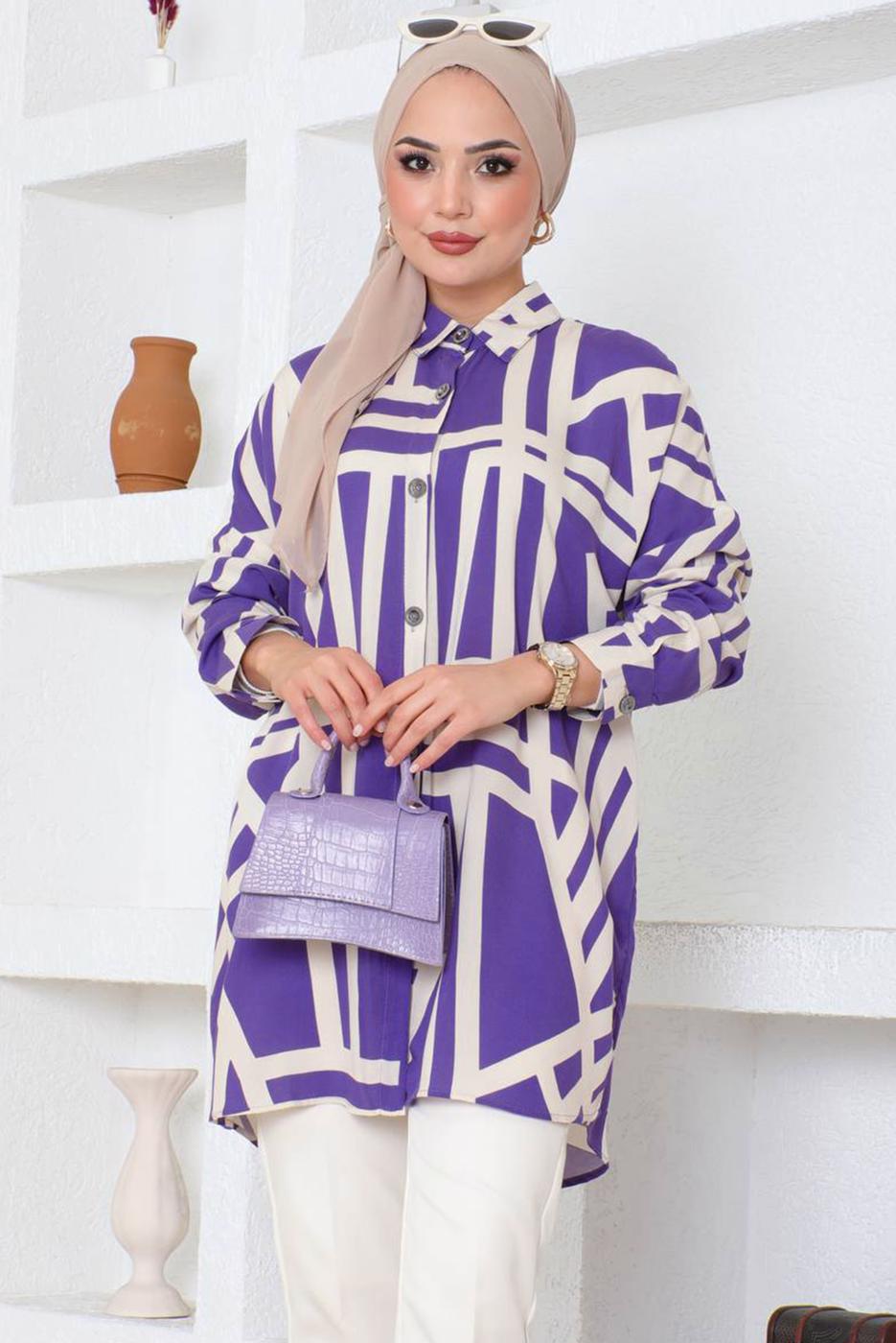 Tesettür giyim MOR DESENLİ PAMUKLU TUNİK T 3610