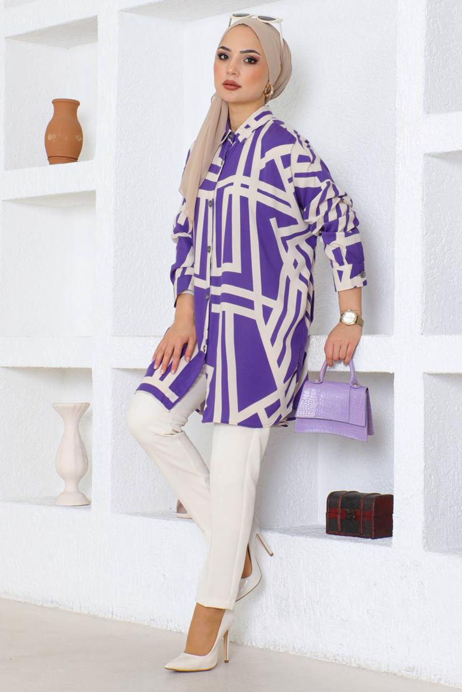 Tesettür giyim MOR DESENLİ PAMUKLU TUNİK T 3610