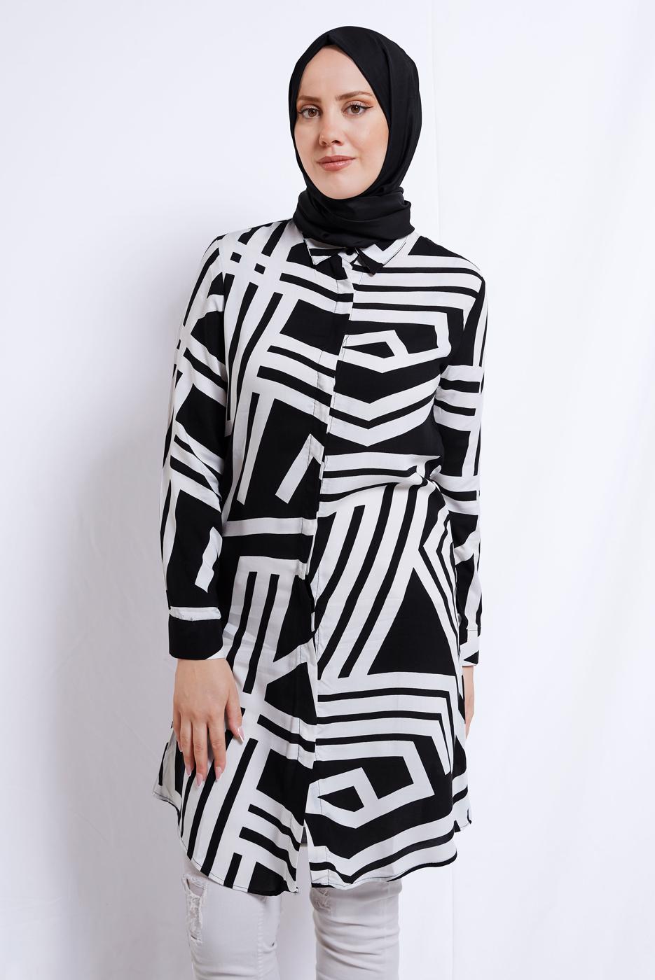Tesettür giyim SİYAH DESENLİ PAMUKLU TUNİK T 3612