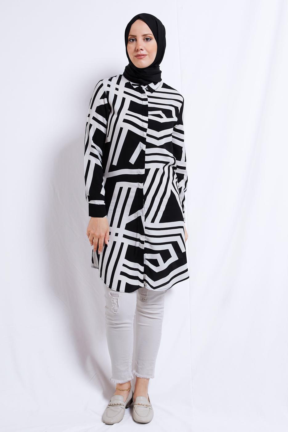 Tesettür giyim SİYAH DESENLİ PAMUKLU TUNİK T 3612