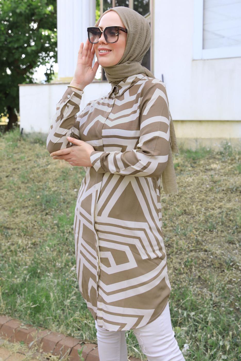 Tesettür giyim VİZON DESENLİ PAMUKLU TUNİK T 3612