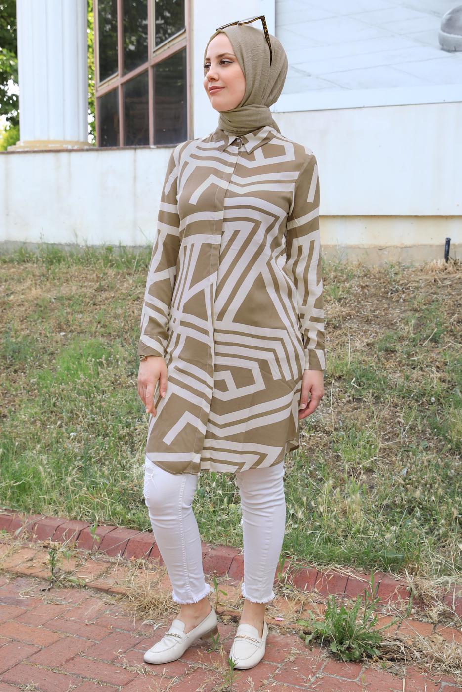 Tesettür giyim VİZON DESENLİ PAMUKLU TUNİK T 3612