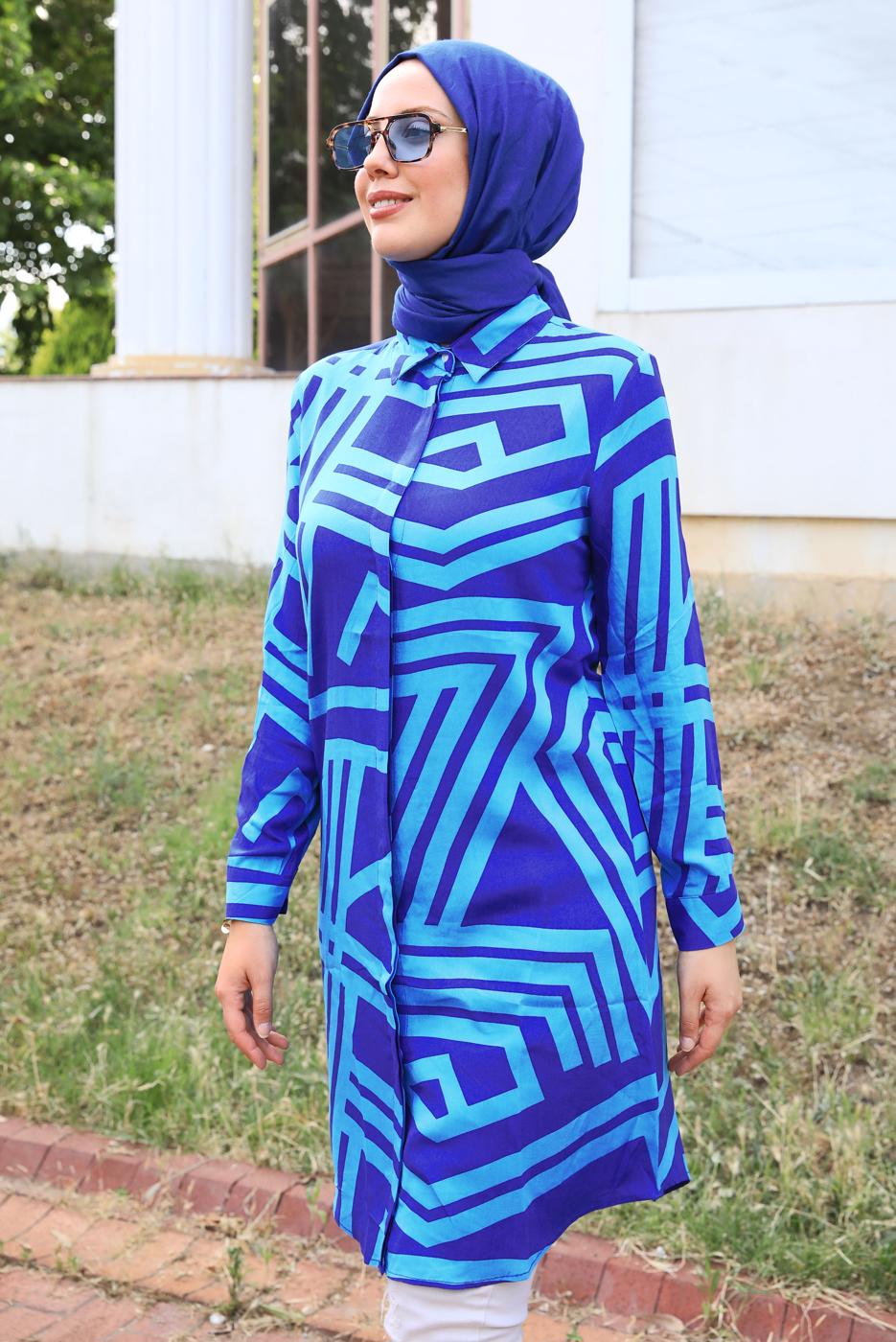 Tesettür giyim LACİVERT DESENLİ PAMUKLU TUNİK T 3612