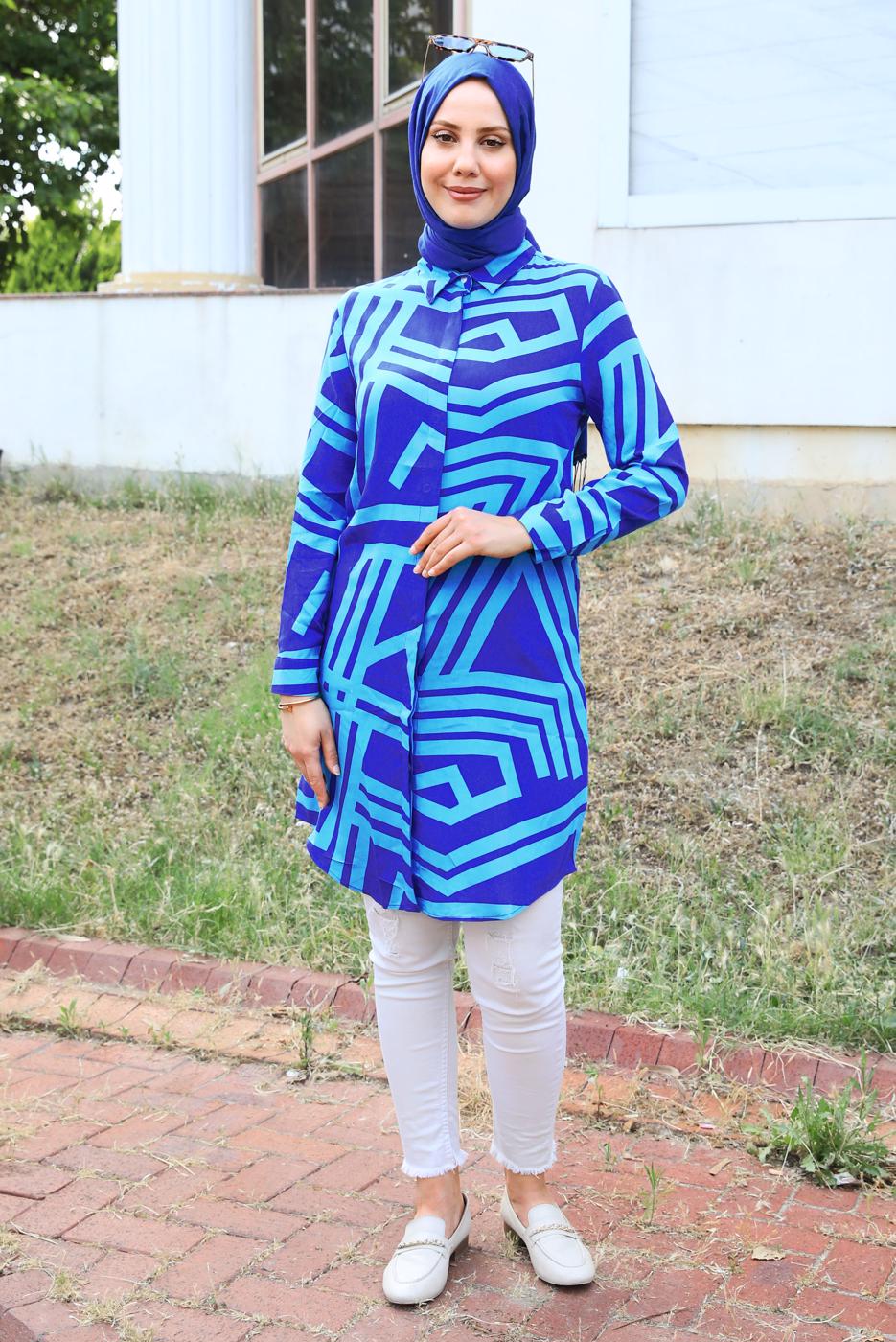 Tesettür giyim LACİVERT DESENLİ PAMUKLU TUNİK T 3612