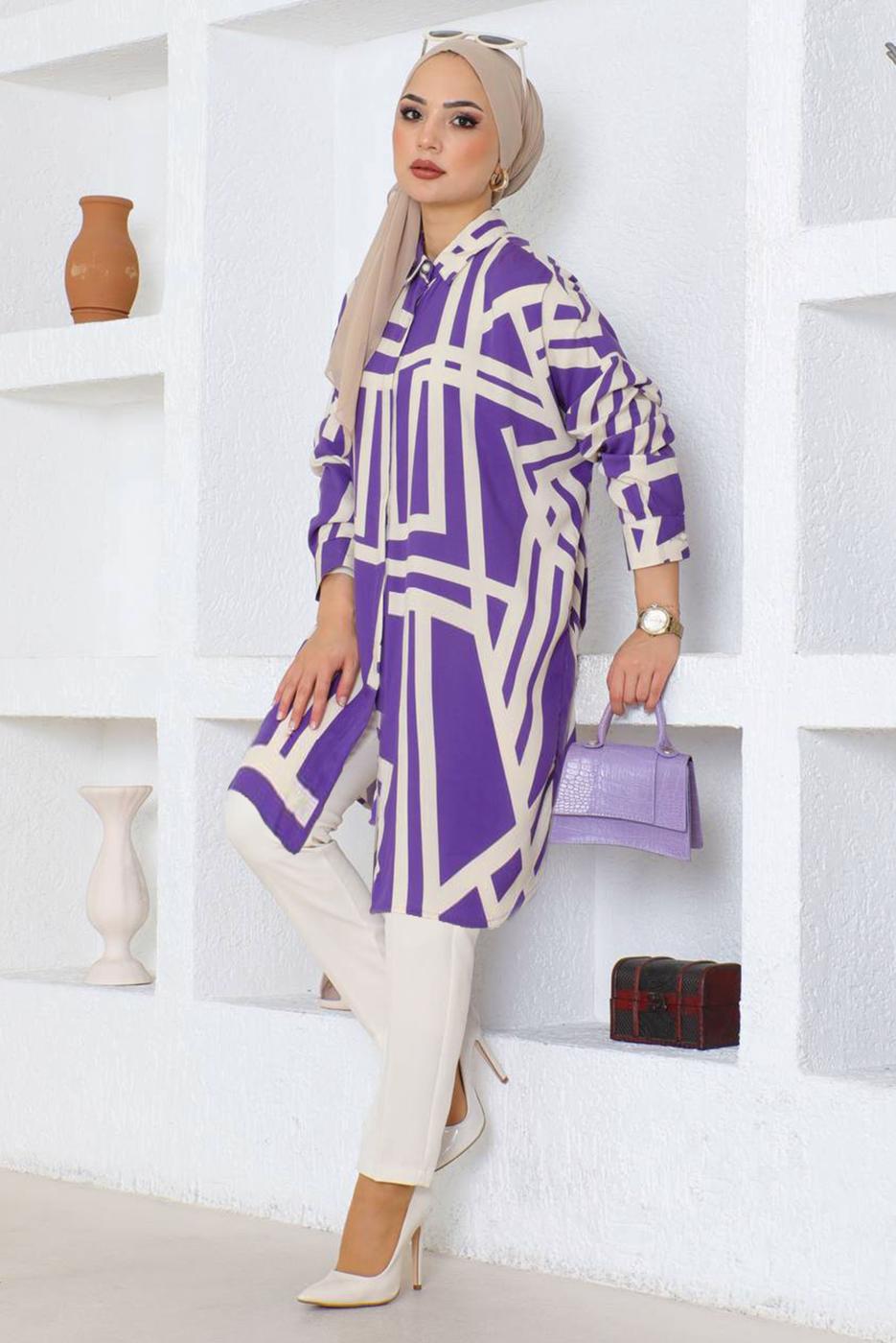 Tesettür giyim MOR DESENLİ PAMUKLU TUNİK T 3612