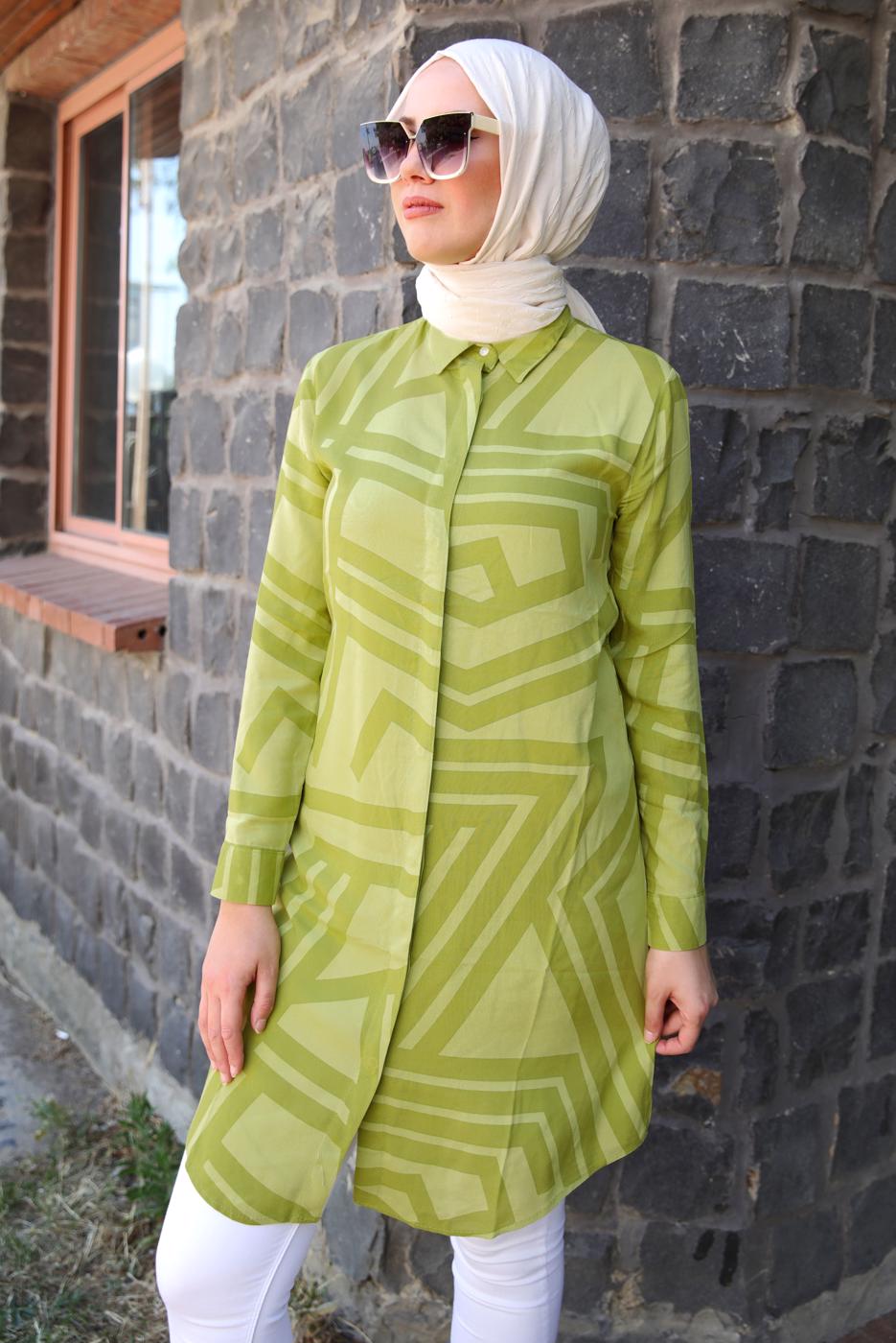 Tesettür giyim YEŞİL DESENLİ PAMUKLU TUNİK T 3612